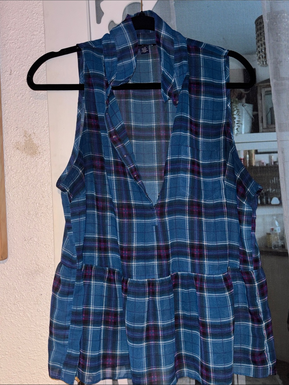 American Eagle Outfitters Blue Plaid Sleeveless Peplum Tunic